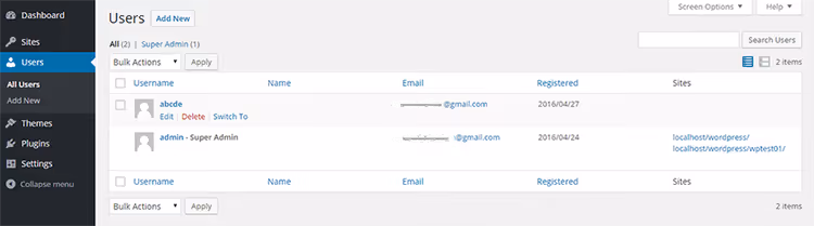 User switching link on the all users page