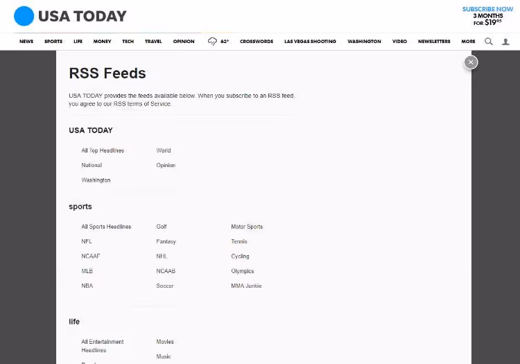 RSS reader window with subscription feed