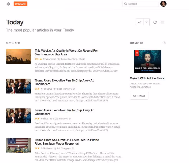 Feedly interface with news feed from subscriptions