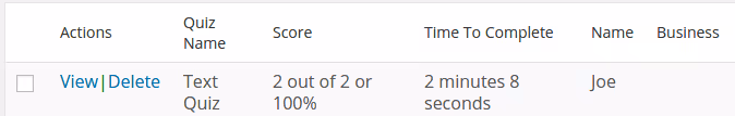 Quiz results table in the WordPress admin