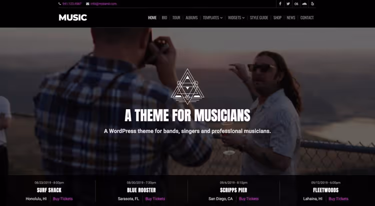 Тема Organic Music, темний дизайн із датами туру та віджетом плейлиста