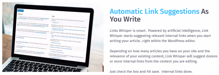 Painel de sugestões de links internos do Link Whisper no editor de artigos