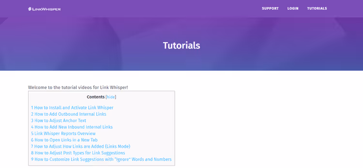 Base de conhecimento e tutoriais em vídeo do Link Whisper