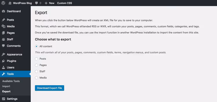 Экспорт всего контента WordPress в XML файл