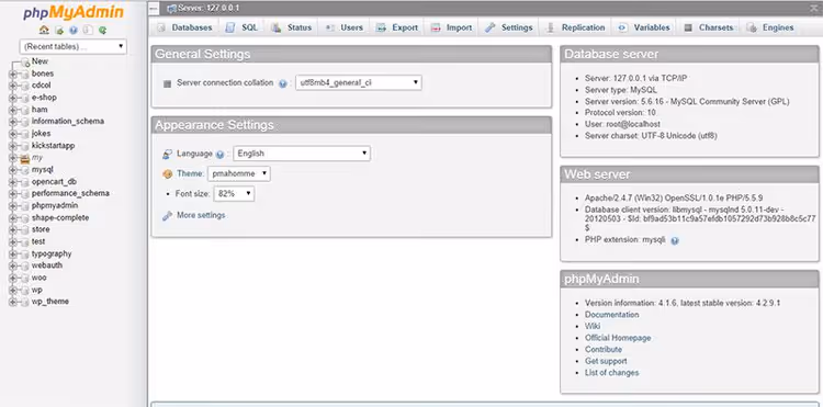 Интерфейс phpMyAdmin на локальном сервере XAMPP