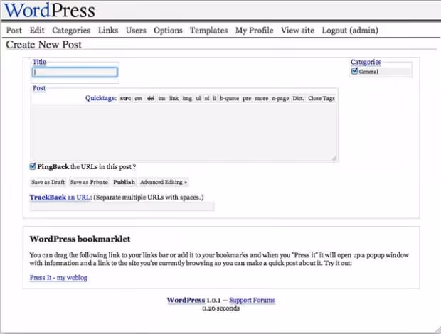 WordPress 1.0, instalação simplificada, múltiplas categorias e permalinks