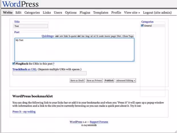 WordPress 1.2 Mingus, arquitetura de plugins e pré-visualização de artigos