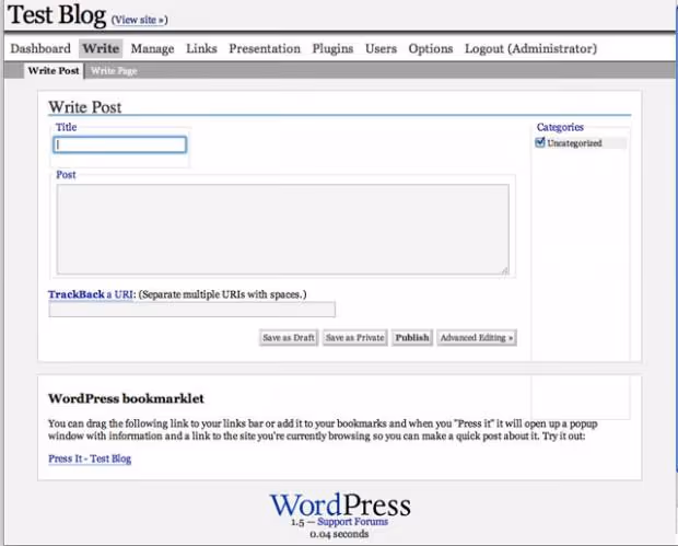 WordPress 1.5 Strayhorn, estreia do sistema de temas, páginas e Painel