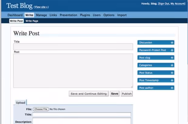 WordPress 2.0 Duke, editor visual WYSIWYG e design azul da administração