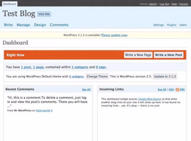 WordPress 2.5 Brecker, administração totalmente redesenhada com widgets do Painel