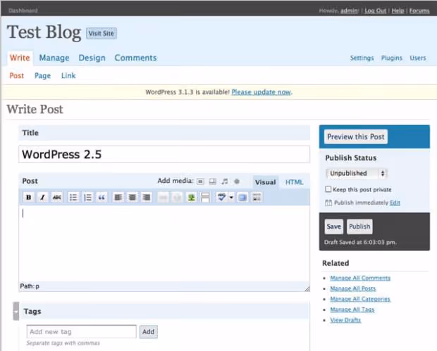 Editor de artigos do WordPress 2.5, interface expandida com Kitchen Sink