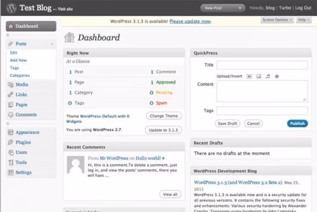 WordPress 2.7 Coltrane, menu de navegação à esquerda e widgets arrastar e largar