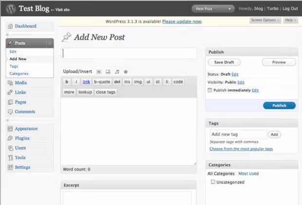 Editor de artigos do WordPress 2.7 Coltrane, interface com menu à esquerda