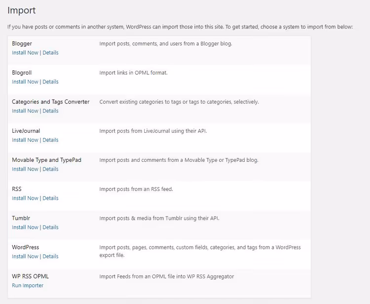 Outil d'importation intégré de WordPress