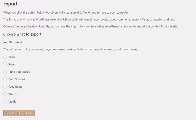 Écran d'exportation de contenu WordPress en fichier XML