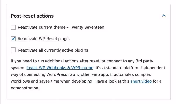 Selección de opciones de preservación antes del reseteo del sitio en WP Reset