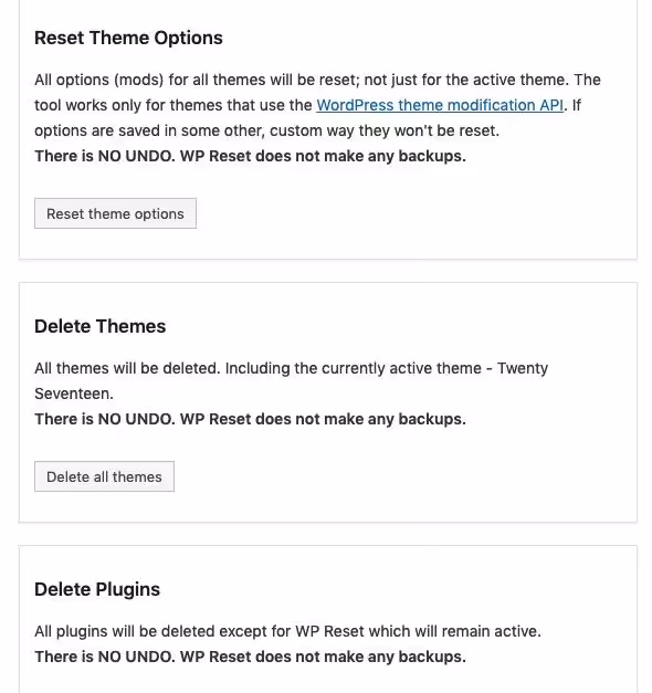 Ventana de selección de objetos de base de datos para reseteo en el plugin WP Reset