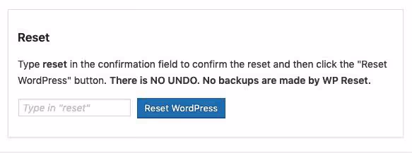 Campo de confirmación de reseteo que requiere escribir reset en WP Reset