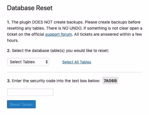 Selección de una tabla de base de datos para reseteo en WP Database Reset