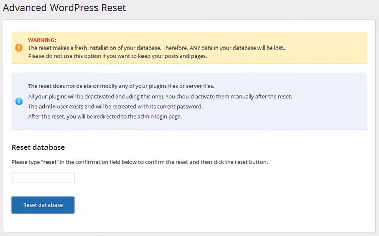 Campo de entrada de confirmación de reseteo en Advanced WordPress Reset