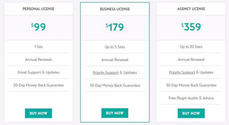 Tabell med tre prisplaner for WooCommerce Product Table