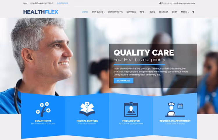 Healthflex teema meditsiinikeskuse demo ja WPBakery ehitajaga