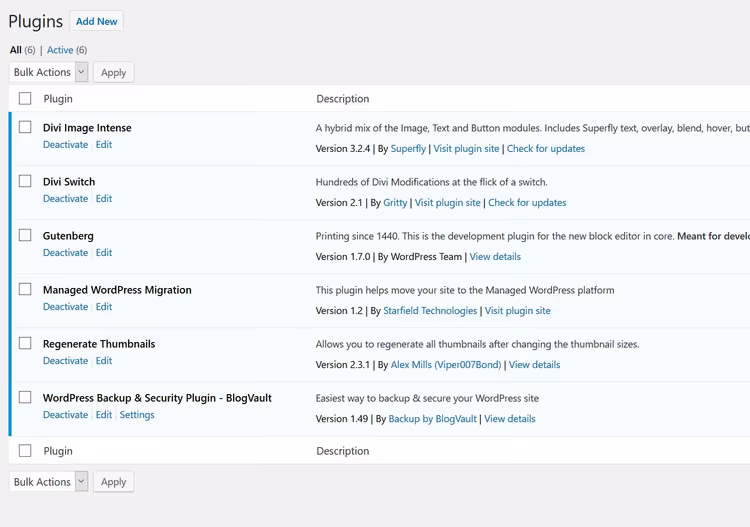 Elenco plugin WordPress nel pannello di amministrazione con numero ottimale