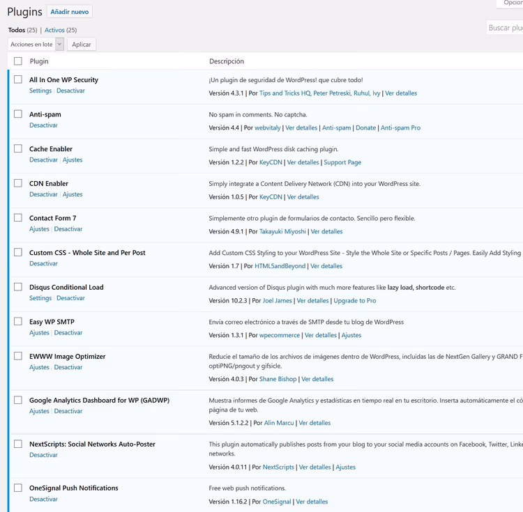 Elenco lungo di plugin WordPress che rallenta la risposta del server
