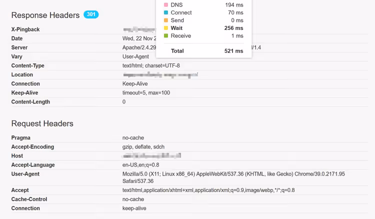 Misurazione TTFB di sito veloce su hosting medio senza cache