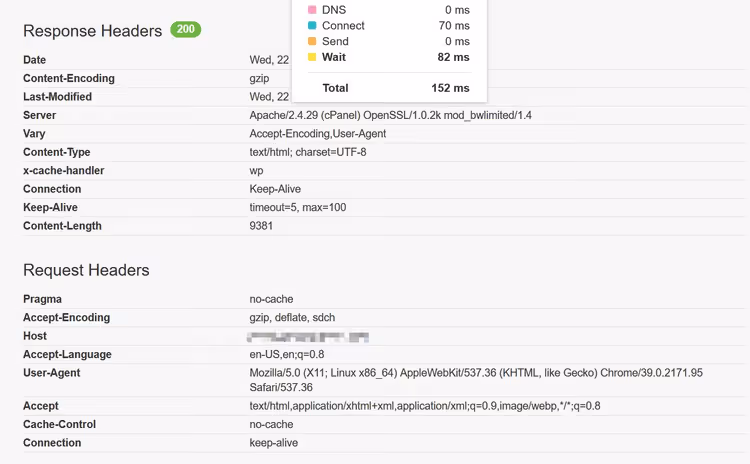 TTFB di 152 ms dopo aver attivato la cache su server medio