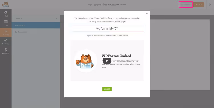 Inbäddningsknapp i WPForms-byggaren som öppnar en lightbox