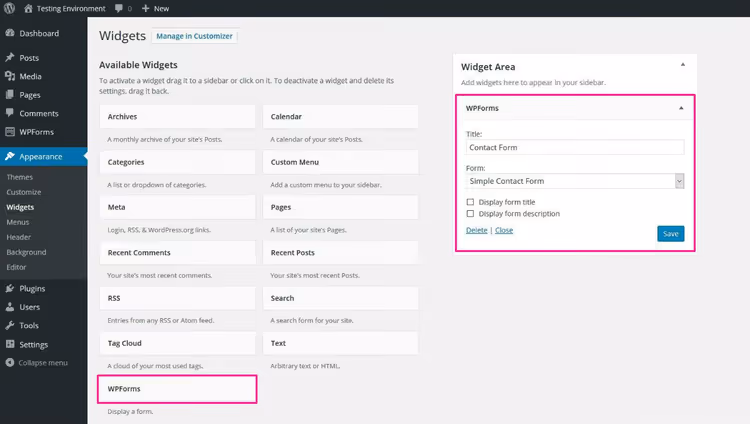 WPForms-widget i adminsektionen för Utseende Widgets
