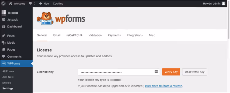 WPForms licensnyckelinmatningsfält i inställningar