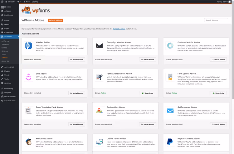WPForms tilläggshanteringssida med tilläggslista