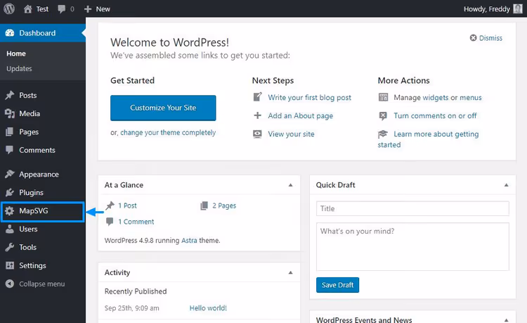 Пункт меню MapSVG на бічній панелі WordPress