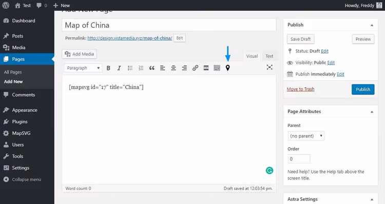 Кнопка MapSVG над редактором сторінки WordPress