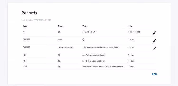 Domain DNS records management page in hosting panel