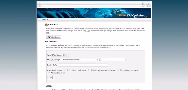 Redirects section in cPanel for setting up redirects