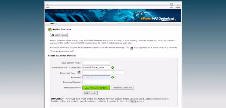 Addon Domains section in cPanel for adding additional domains