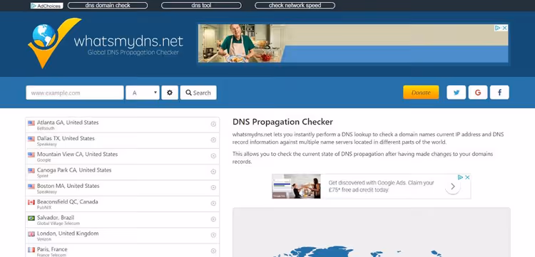 What's My DNS service showing A record propagation status by country