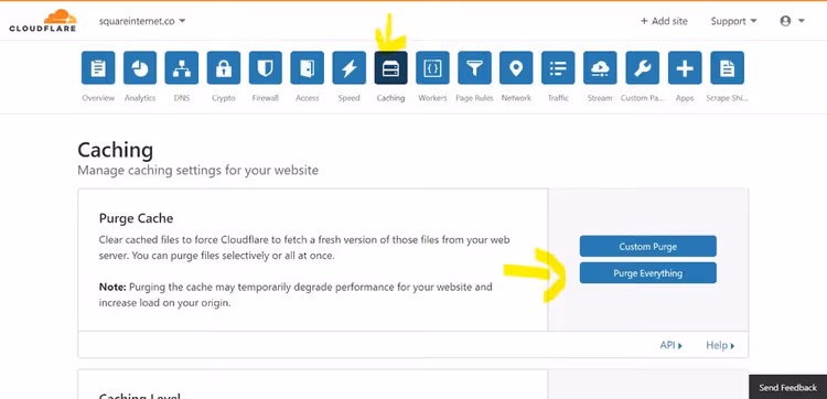 Cloudflare dashboard with Purge Cache button for clearing CDN cache