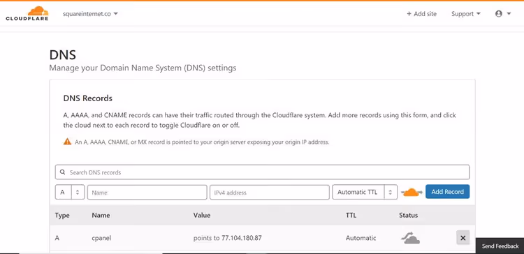 Cloudflare dashboard with domain DNS records management panel
