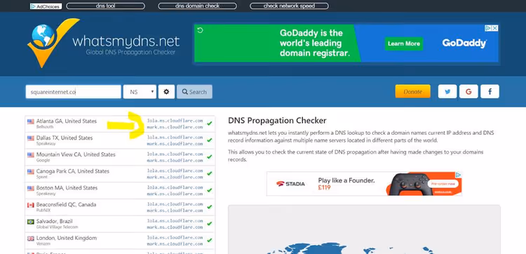 Checking domain NS records via What's My DNS service