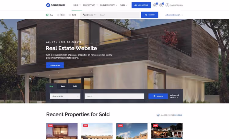 Интерфейс темы HomePress с картой и расширенным поиском недвижимости