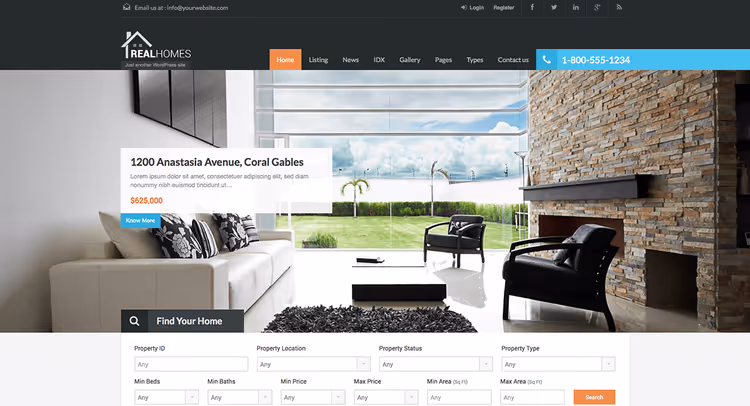 Главная страница темы Real Homes с поиском и сеткой объектов недвижимости