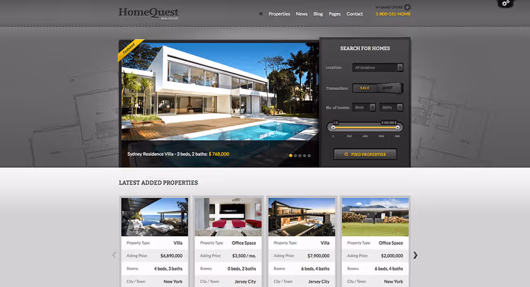 Главная страница агентства недвижимости с темой HomeQuest