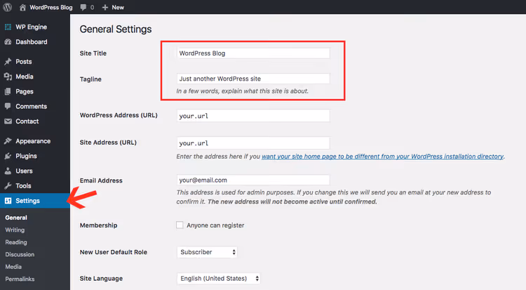 WordPress general settings page