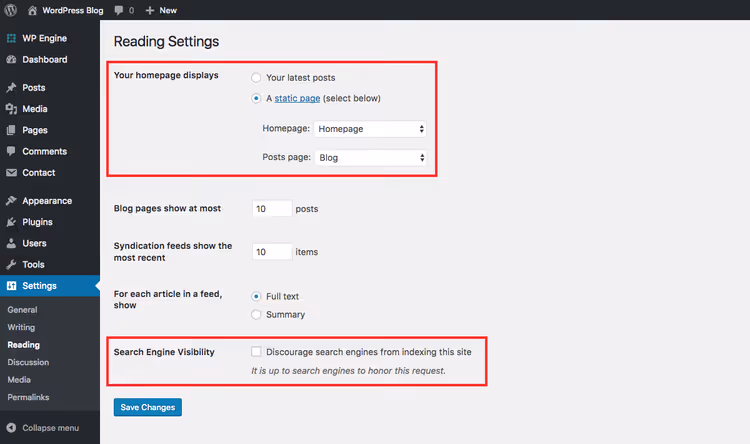 WordPress front page display settings