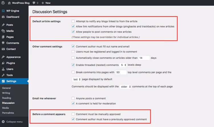 WordPress comment settings