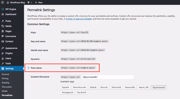 WordPress permalink structure selection